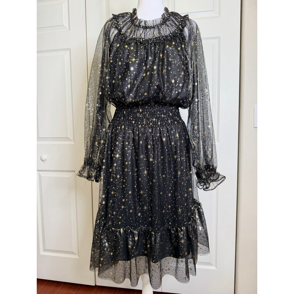 NWT Skies Are Blue Curvy Black Gold Star Print Sheer Sleeve Dress 1X - Picture 2 of 4